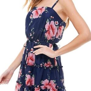 Navy Floral Spaghetti Strap Sundress with Pink Blossoms